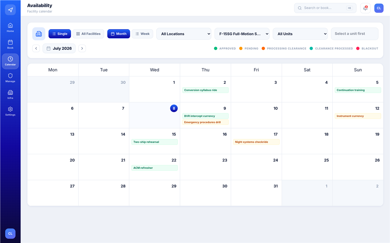 RAiD Facility Booking availability calendar: a month grid with colour-coded approved, pending, processing clearance and blackout status chips