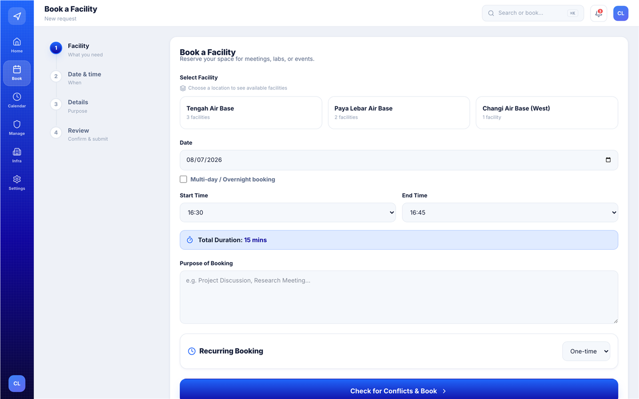 RAiD Facility Booking wizard: a four-step stepper for facility, date and time, details and review, with a location-first facility picker