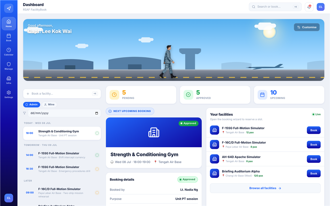 RAiD Facility Booking dashboard: pending/approved/upcoming stat cards, a today/tomorrow agenda list, and a facilities quick-book panel