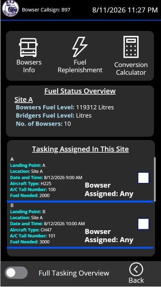 FUEL ground operator app on a handheld screen: a bowser callsign header, shortcuts to tanker info, fuel replenishment and the conversion calculator, a fuel status overview for the operator's site, and a list of taskings assigned to that site with tick-off checkboxes and bowser assignment