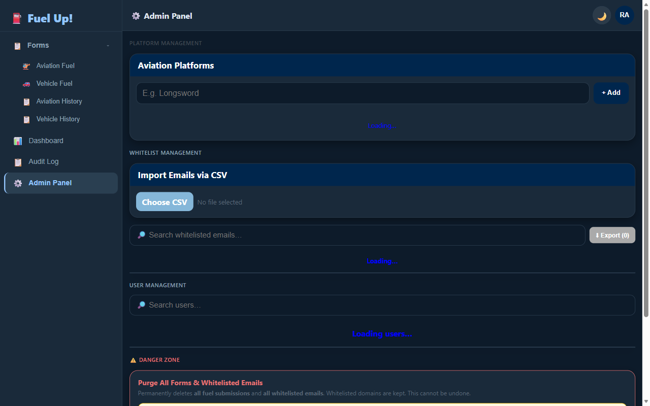 FUEL Up admin panel with platform management, CSV whitelist import, user management and a purge-all danger zone