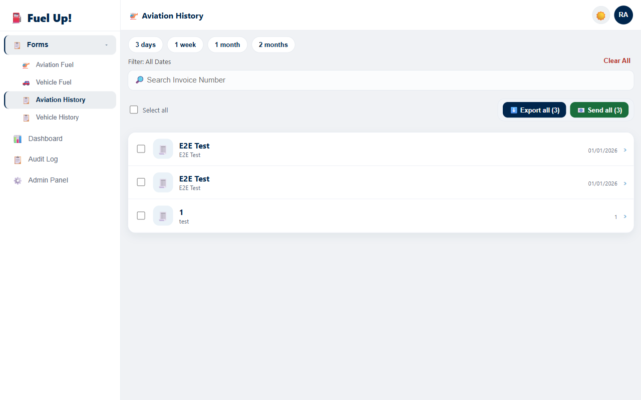 FUEL Up aviation history screen with date-range filters, an invoice-number search, and bulk export and send actions