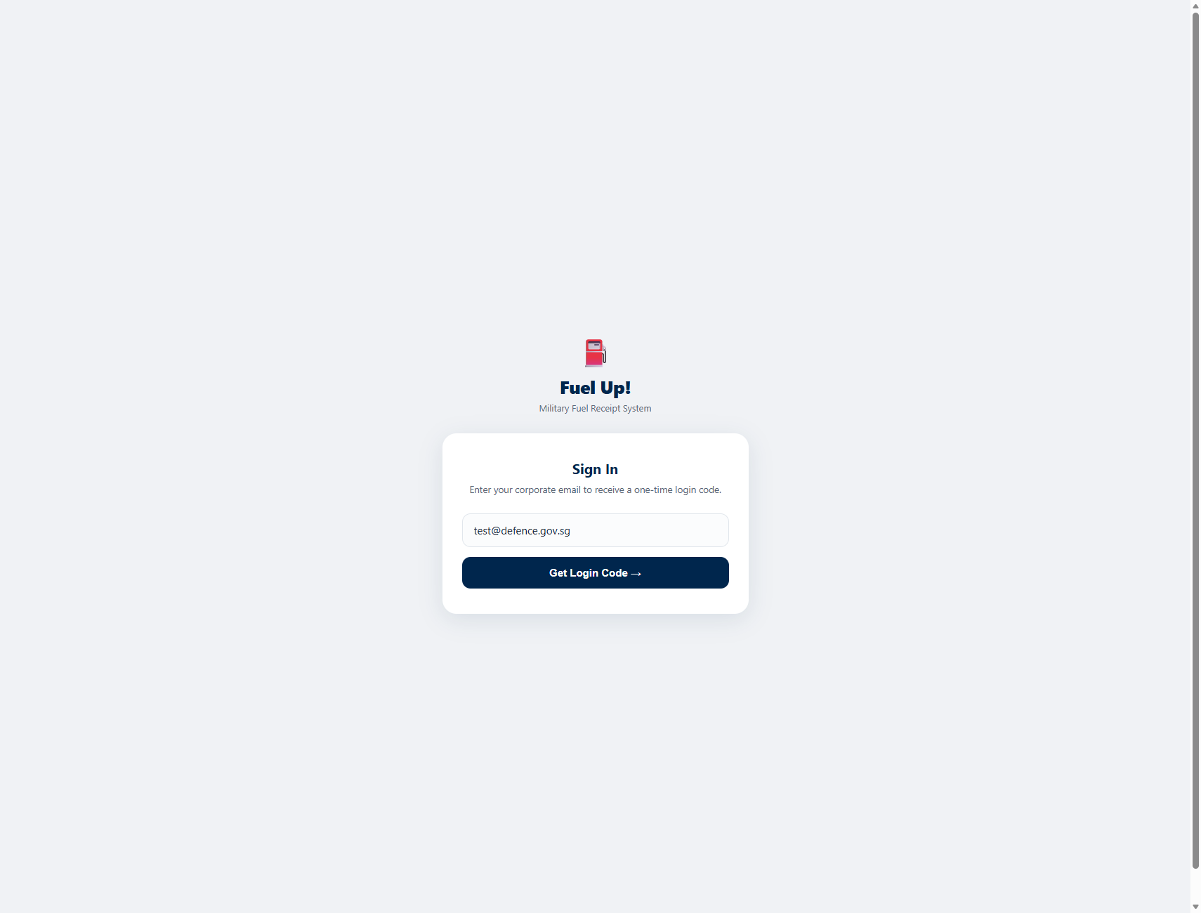 FUEL Up sign-in screen: corporate email field and a Get Login Code button, for the one-time-code authentication flow