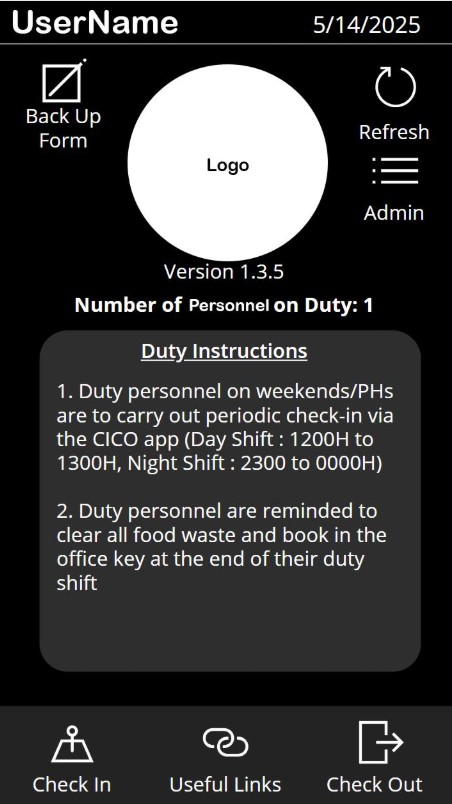 Dark-themed duty app screen showing a personnel-on-duty count and Check In / Check Out buttons